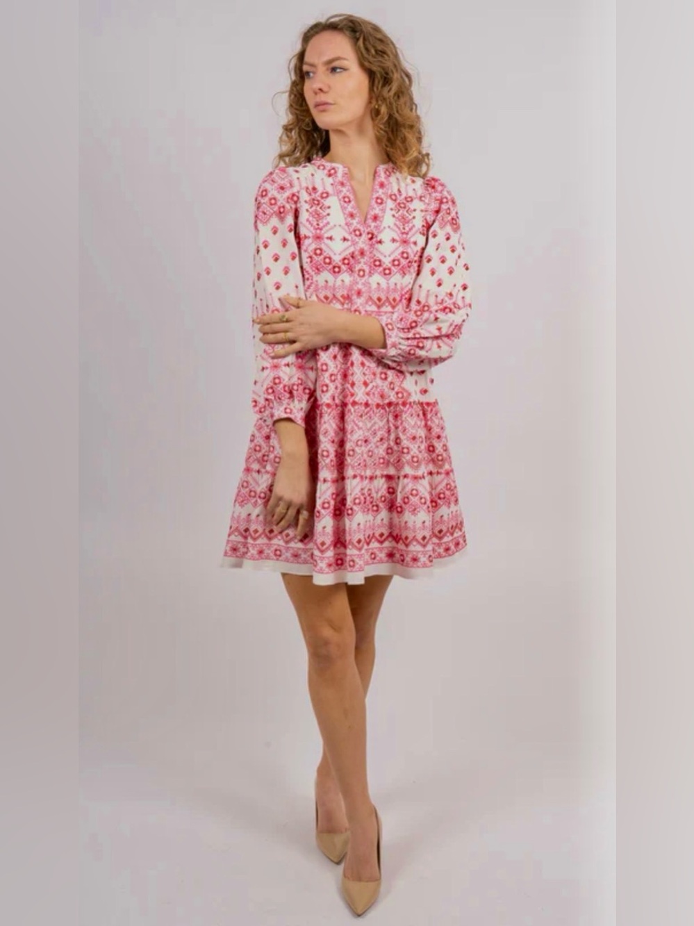 Hale Bob Size XS Clary Embroidered Shift Mini Dress in Pink Boho Tiered Hem
